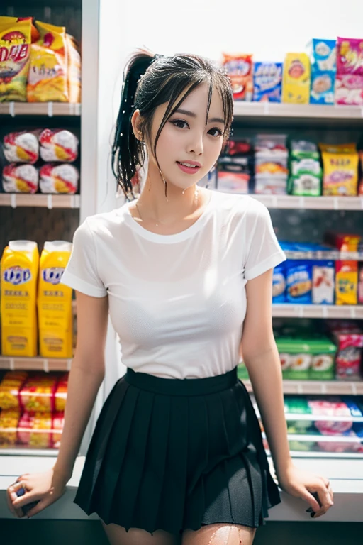 (a gorgeous lady, age 22, white T-shirt, (wet clothes:1.15) pleated mini-skirt, standing in convenience store, dimples, cute snaggle-tooth, short hair ponytail, photorealistic, beautiful detailed face, beautiful detailed eyes, ample round bosom, hyper-realism, high contrast, ultra HD, realistic skin textures, top image quality, top-quality, super high resolution, fine details, very meticulously, masterpiece, head to thigh, night bokeh background)