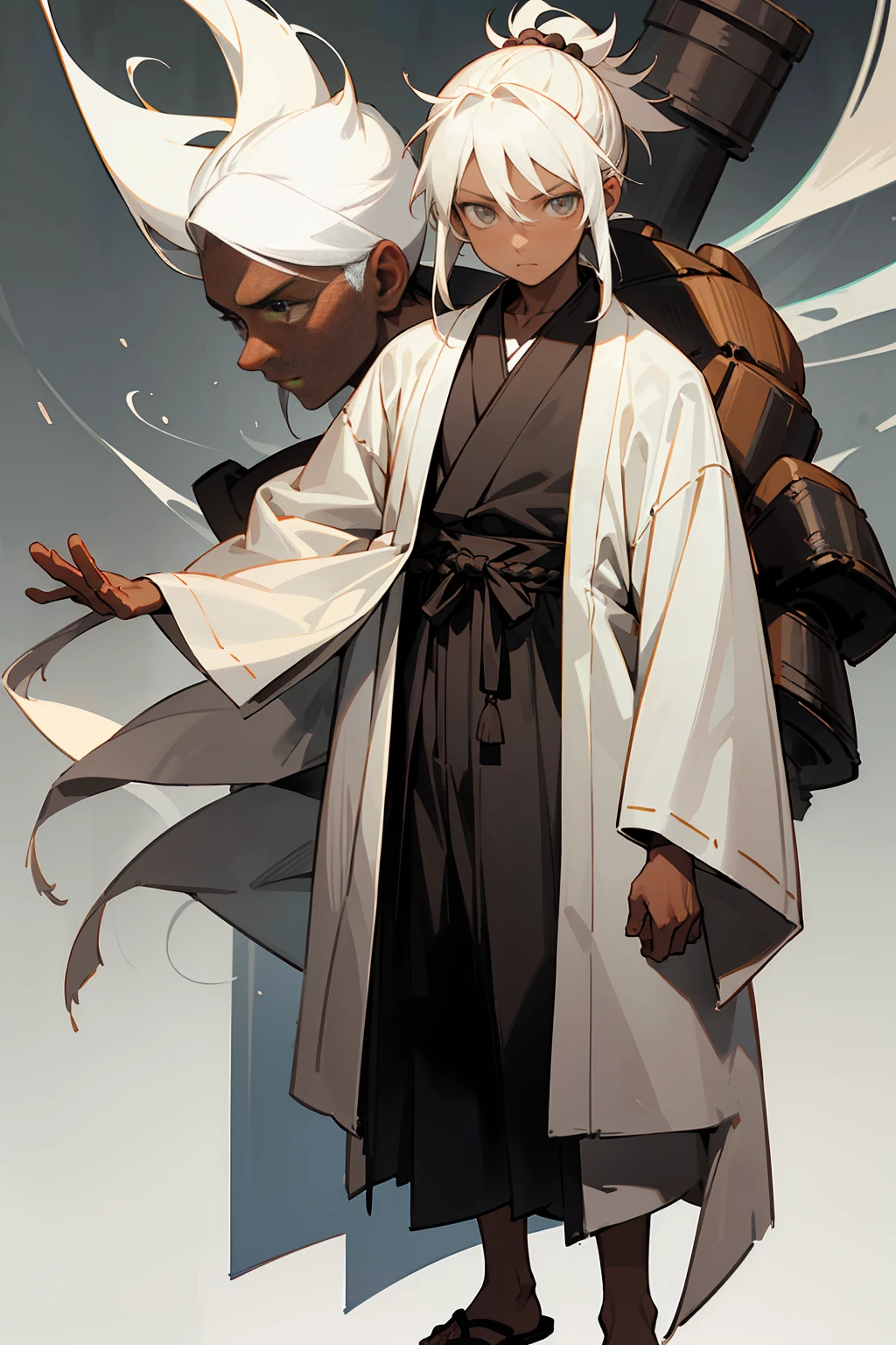 1boy, age 15, ((child,)) muscular, muscle, white hair, medium length hair, topknot hair, bright grey eyes, calm expression, white clothes, samurai robes, ronin robes, sandals, dark skin, caramel skin, black skin, hands to side, white room background, detailed background, detailed face, facing viewer