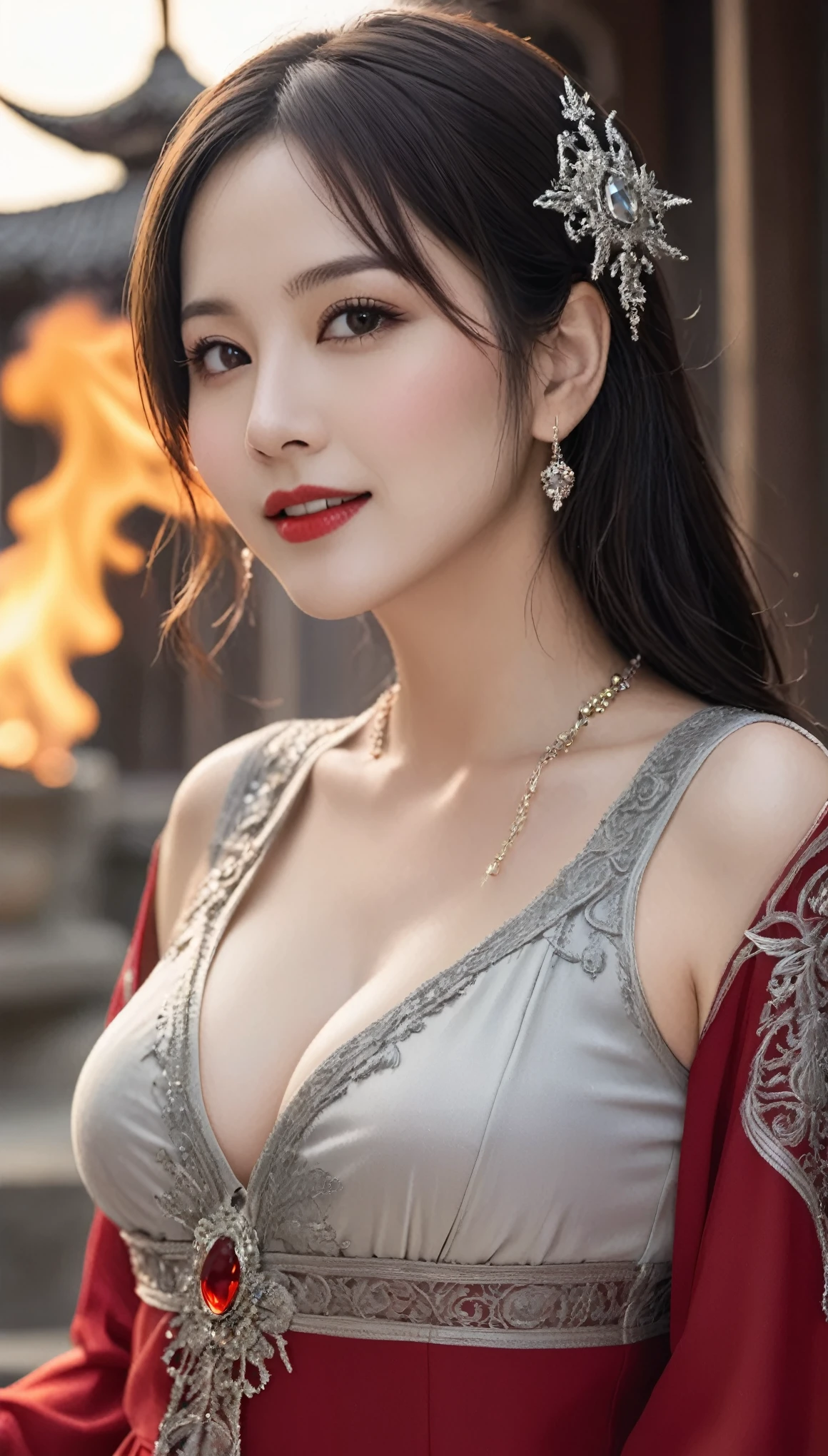 (((Sexy Woman)))、((Very beautiful 30 year old white woman))、(((Big big cleavage)))、witch、ブロンドのMature witch、Plump figure、smile、Middle-aged beauty 、Very delicate and delicate skin texture、Mature witch、{(Ancient ornate and luxurious temple)、(Many torches are burning)}、Red lips、Beautiful scarlet eyes、(((Gorgeous and glamorous silver outfit and luxurious accessories)))、I have a shiny platinum wand、