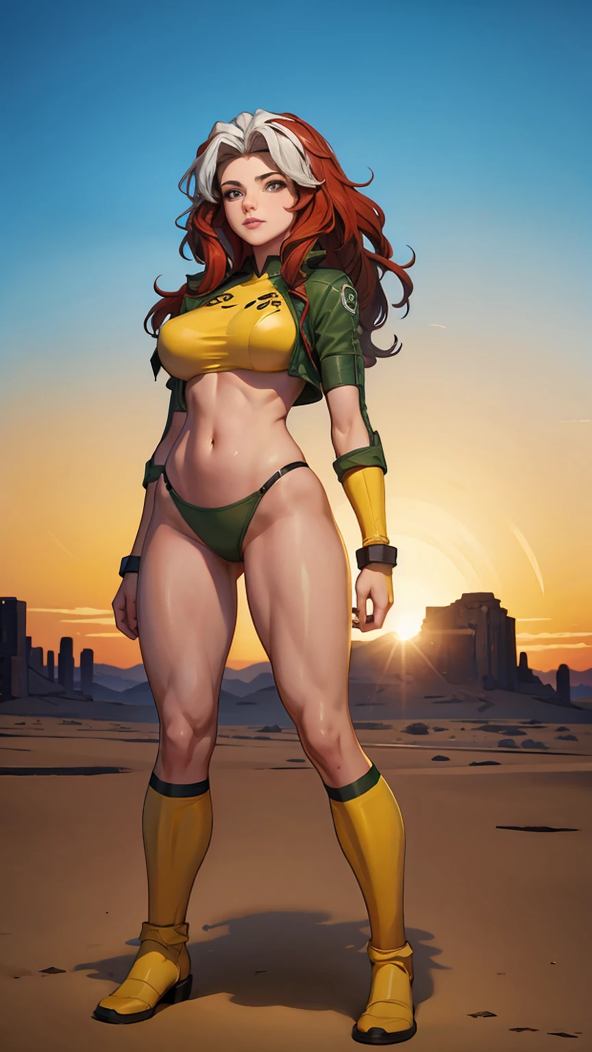 ((Full body photo, standing)) titania, pose sexy, desert, x-men Rogue ñ, big breasts, Long hair, small waist, high quality, 4k, naked, thick exposed breasts.