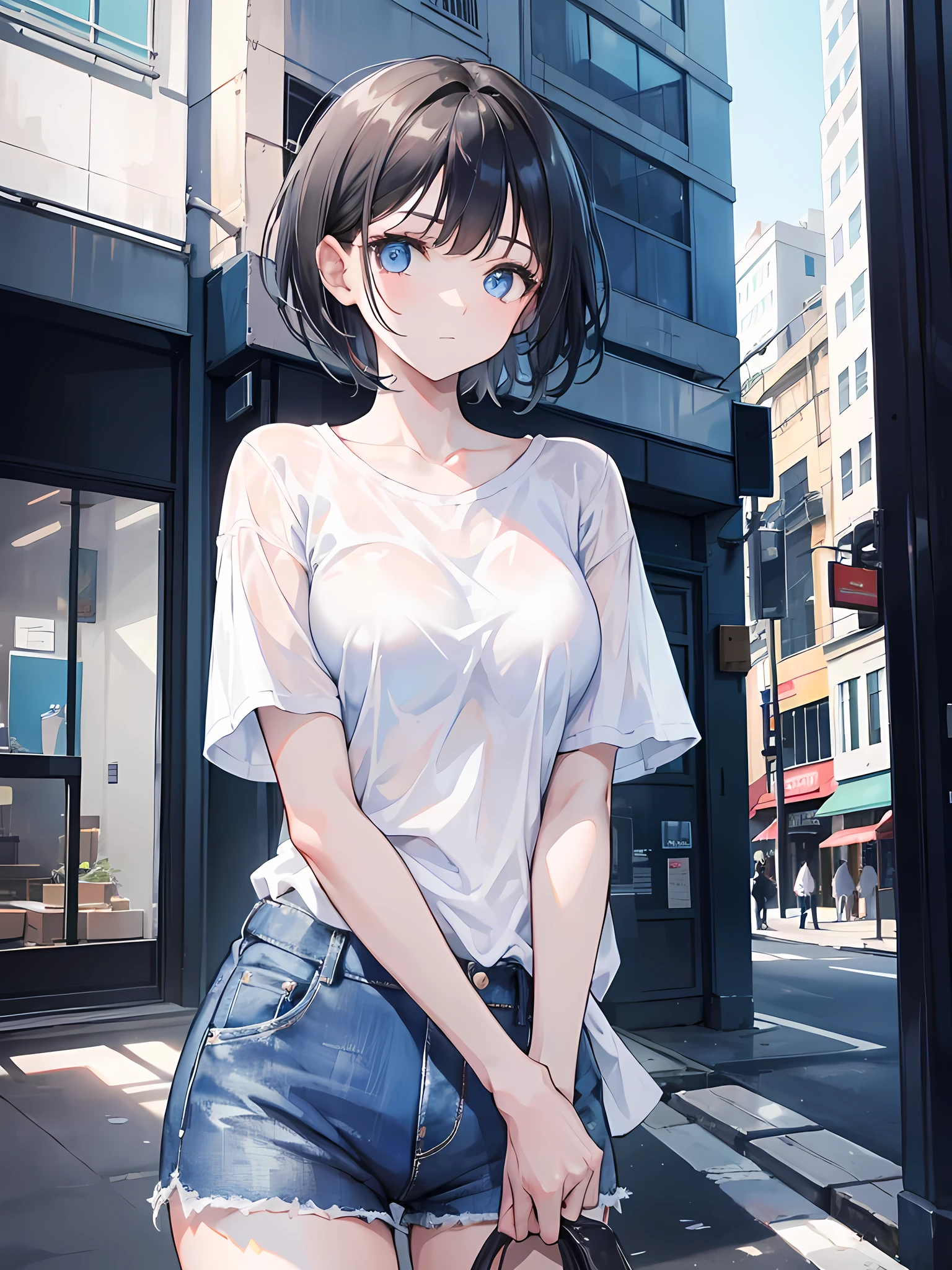 1girl, short black hair, blue eyes, wearing plain white shirt, denim shorts, city, absurdres, high res, ultrasharp, 8K, masterpiece, looking at viewer