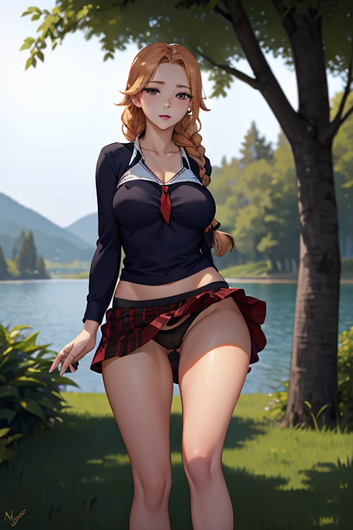 young woman, slightly tanned, short belly (dark blue), below the chest, Legs long, high-heels (blackw, rot), long blonde hair (avo, a single braid), mini-skirt (blackw-rot), rot lips, large and firm breasts, arms stretched in the air, in park, under the trees by a small lake