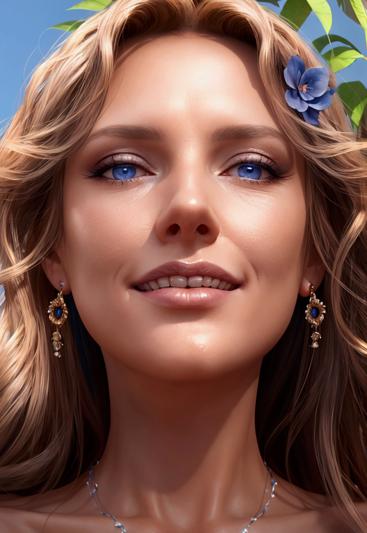 smiling, mature woman, naked, jewelry, makeup, slim, long legs, small breasts, long curly hair, blue eyes, nsfw, ((looking from below)), (((close-up))), in garden, (((realistic rendering)))