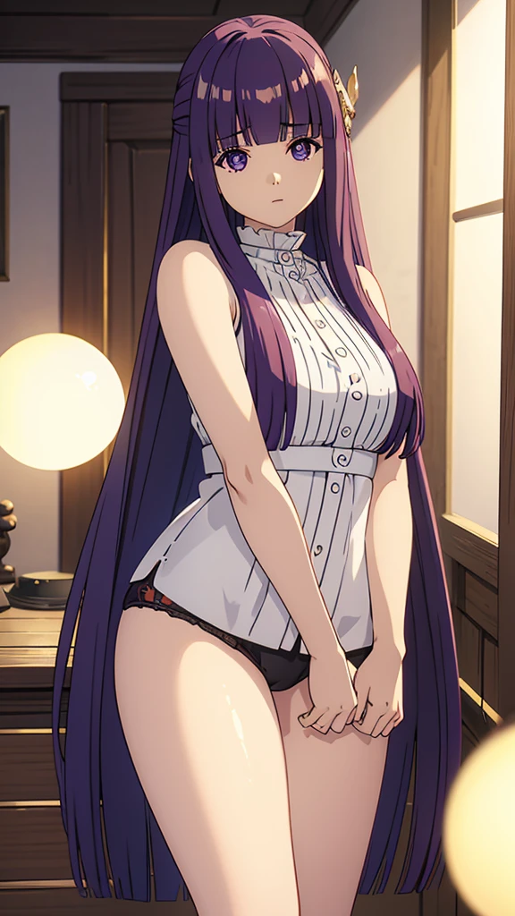 Is,One girl,alone,紫colorの髪,Long Hair,紫colorの目,Blunt bangs,Side Lock,Half Up,bright瞳, hair ornaments,セクシーなIn underwear、Curvy,Cowboy Shot,From the side,笑face,, Amazing visuals, High resolution,masterpiece,Highest quality,, 20-year-old,young woman,beautiful指,beautiful長い脚,beautiful体,beautiful鼻,beautifulキャラクターデザイン, Perfect Eyes, perfect face,Expressive eyes, View your viewers, Official Art,Very detailed CG ユニティ 8k 壁紙, Perfect lighting,colorful, bright_front_face_Lighting,Glowing Skin, (masterpiece:1.0),(Highest_quality:1.0), 超High resolution,4K,Very detailed, photograph, 8k, High resolution, High resolution, Absurd:1.2, 400 for Kodak Port, Film Grain, Blurred Background, Bokeh:1.2, Lens flare, (Vibrant_color:1.2), (beautiful_face:1.5),(narrow_Waist), Her breasts are big。Big Breasts、In underwear、Erotic pose