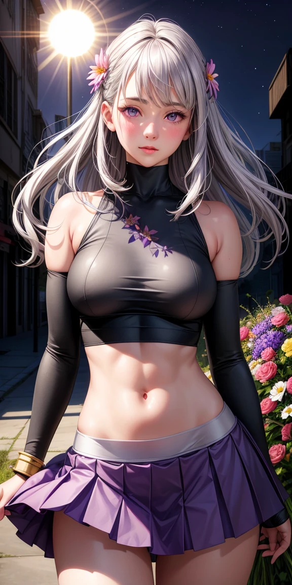 Realistic, One girl, Gray Hair, Purple eyes, Glowing Eyes, Crop top, skirt, Part your lips, blush, night, Flowers, sun, sunlight,