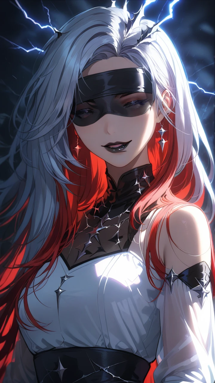 1girl, fabric blindfold, split-color hair:1.3, long hair, black lips, laugh, white dress, see-through sleeve, crown of thorns , dramatic lighting, soft shadow, masterpiece, best quality, safe, SFW, very aesthetic, recent, absurdres, highres, lightning, glowing,