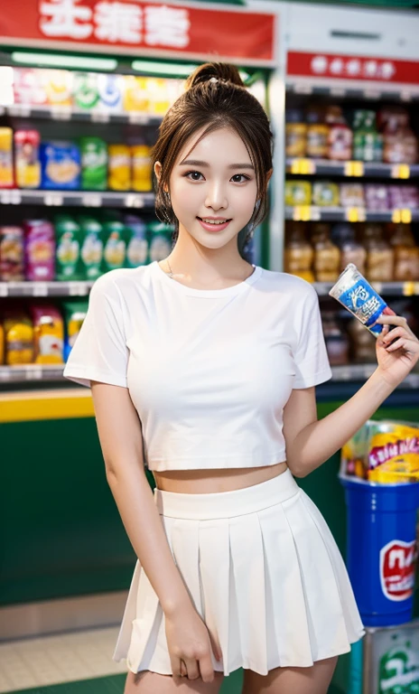 (a gorgeous lady, age 22, white T-shirt, (wet clothes:1.10) pleated mini-skirt, standing in convenience store, dimples, cute snaggle-tooth, short hair ponytail, photorealistic, beautiful detailed face, beautiful detailed eyes, ample round bosom, hyper-realism, high contrast, ultra HD, realistic skin textures, top image quality, top-quality, super high resolution, fine details, very meticulously, masterpiece, head to thigh, night bokeh background)