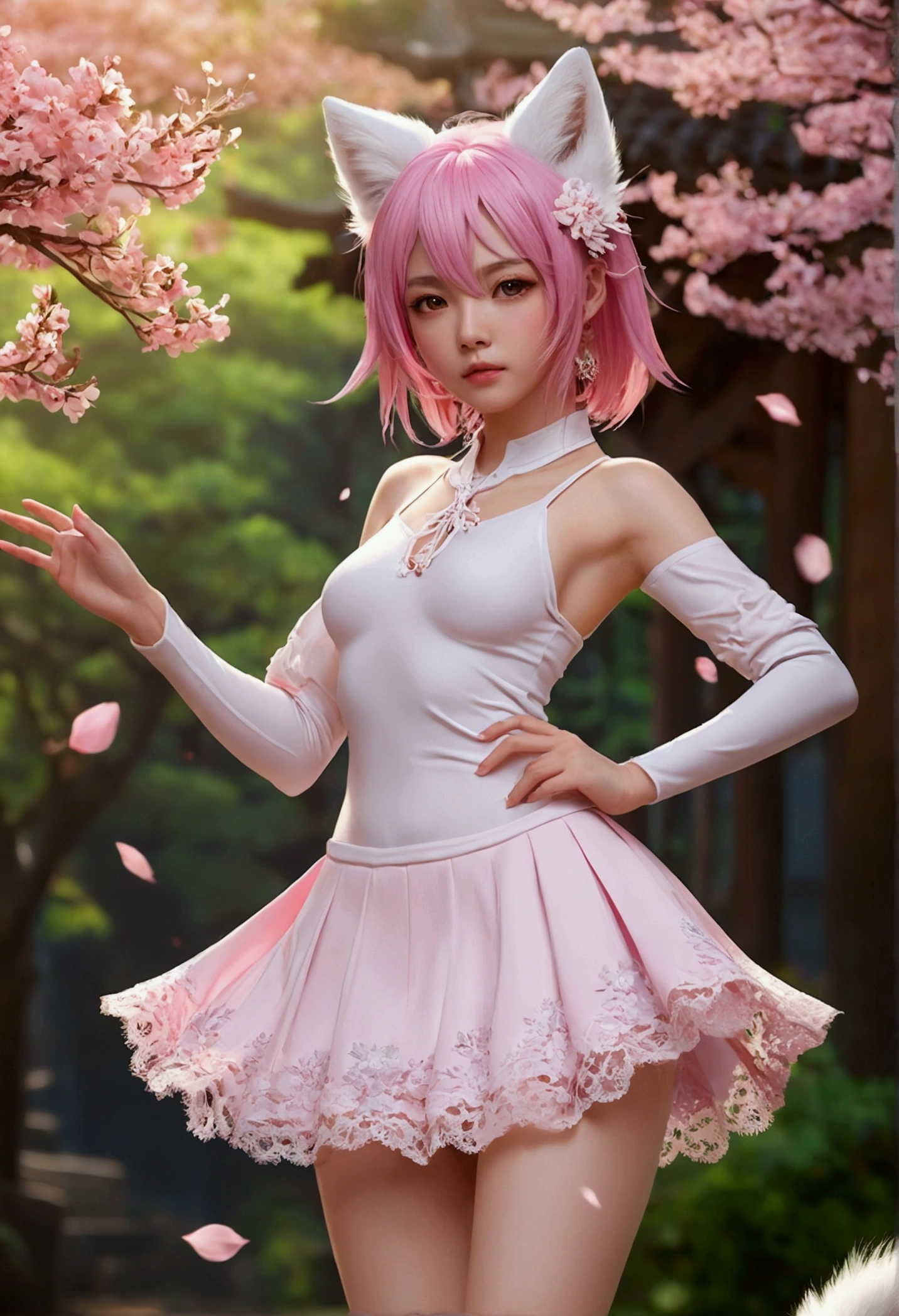 phive caudas de raposa brancas como a neve (1.0), Milky white fox tail (1.0), Close-up of the nine-tailed fox, phive Caldas, phive Caldas, 动漫Kizi,pink hair,pink dress,Flowers in the hair, very 美丽的动漫狐狸Kizi, 美丽的动漫狐狸Kizi, beautiful fantasy anime, Guweiz, 狐狸耳朵的动漫Kizi, 美丽的动漫Kizi, 非常美丽可爱的狐狸Kizi, pink flower rain, virado para a frente, to jump, Spread your legs,Change Dress (Skirt Lift), Lift up your skirt yourself,expose,pink dress, lace silk skirt, focusing,Learn,strangled,Great Assa, blush, parted lips, looking at the audience, top slit, (crowded city), dull bangs, mic, (The delicate shape of the female pubic bone is clearly visible: 1.4), (phi: 1.2),Kizi,Full-body image,background blur, 4K anime-style, anime fantasy artwork, anime wallpaper 4k, Art in Gouves style, perfectbody, Body cute,bare feet