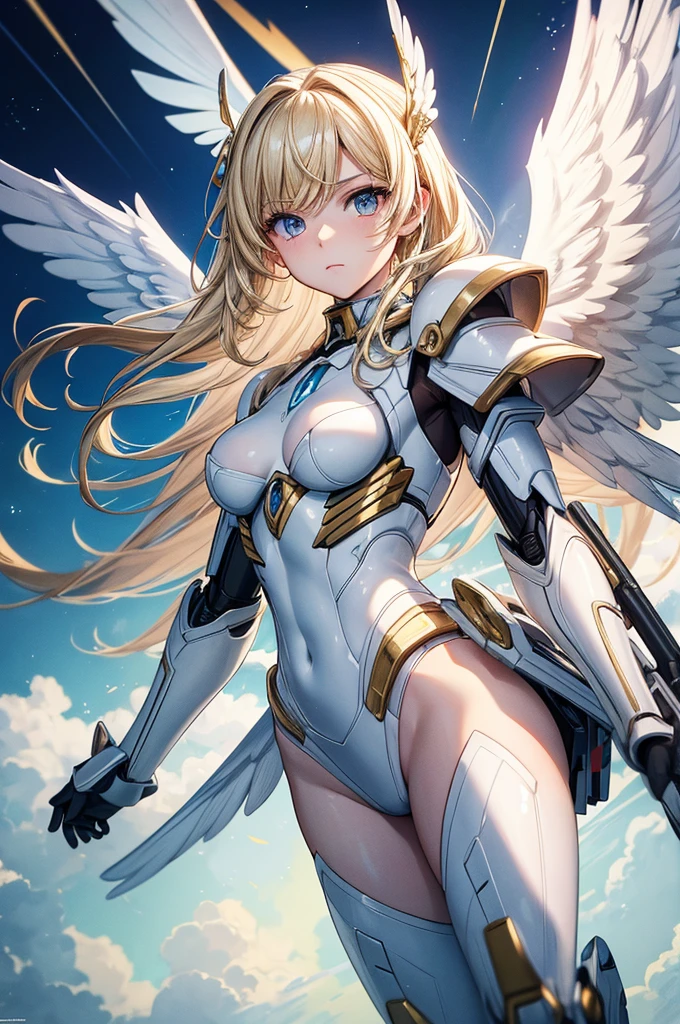 masterpiece,best quality,Very detailed,Angel fighting in the sky,fully armed,Blonde,Beautiful and delicate eyes,Skinny,Small Breasts,Beautiful white wings,White mecha armor, whole body,battlefield,Dynamic perspective and poses