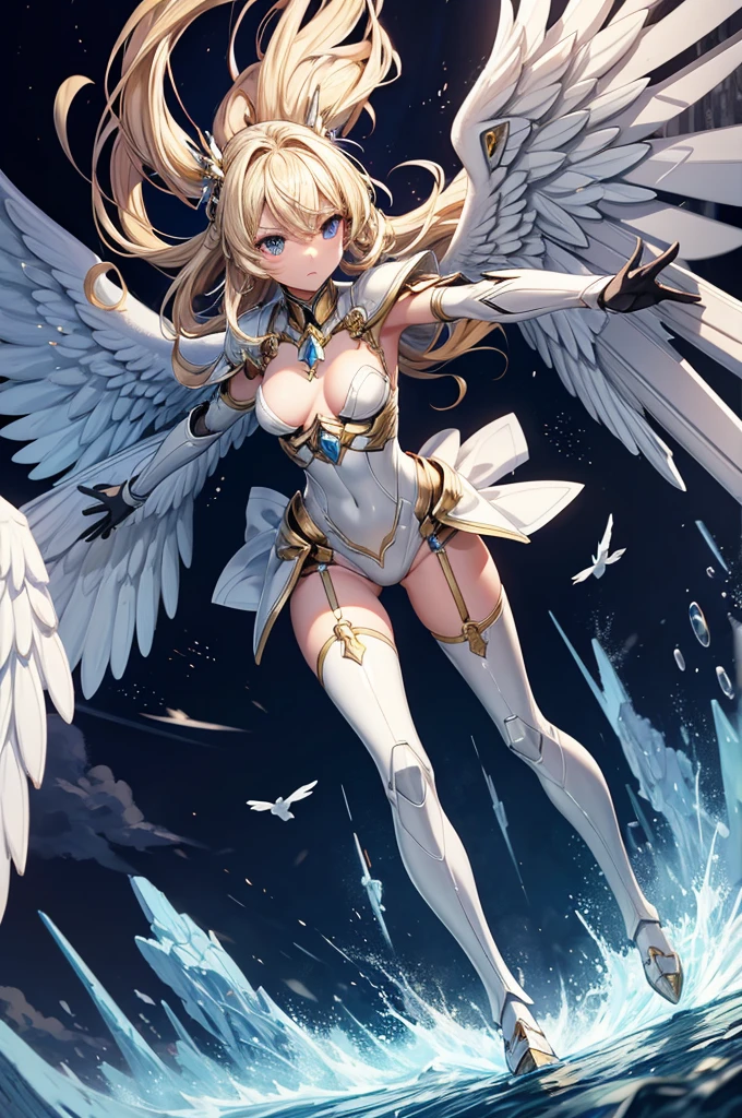 masterpiece,best quality,Very detailed,Angel fighting in the sky,fully armed,Blonde,Beautiful and delicate eyes,Skinny,Small Breasts,Beautiful white wings,White mecha armor, whole body,battlefield,Dynamic perspective and poses