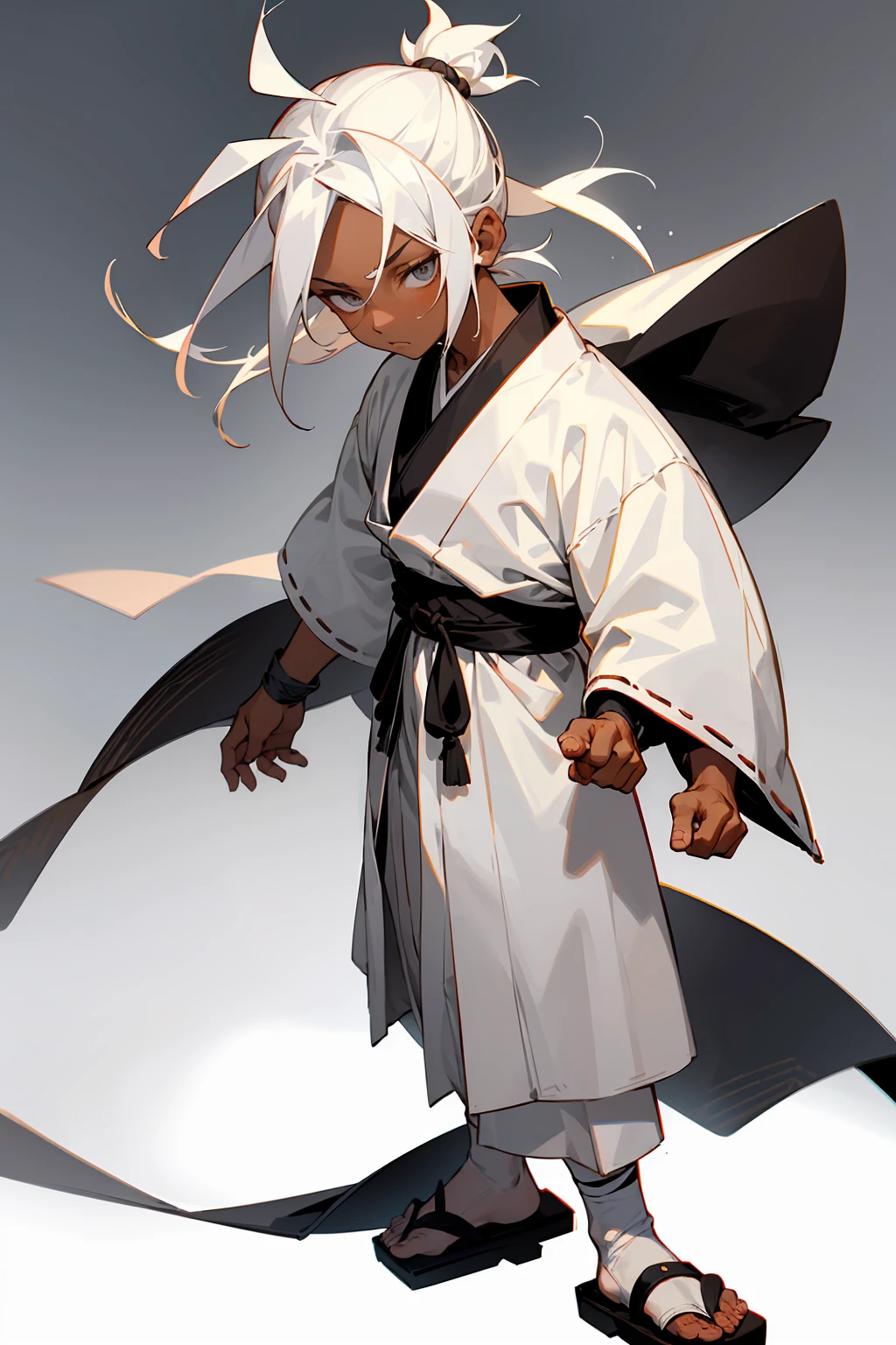 1boy, age 15, ((child,)) muscular, muscle, white hair, medium length hair, topknot hair, bright grey eyes, calm expression, white clothes, samurai robes, ronin robes, sandals, dark skin, caramel skin, black skin, hands to side, white room background, detailed background, detailed face, facing viewer