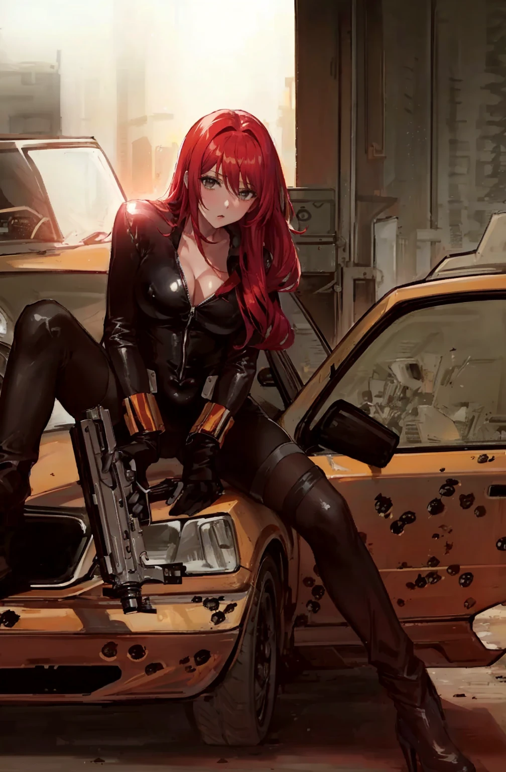 The image is an illustration of a red-haired woman dressed in a sleek skin-tight shiny black latex bodysuit with a deep-cut zipper neckline revealing a large chest, the silver zipper running down the front, sitting on the hood of a damaged yellow car, with bullet holes visible on it. The woman appears powerful and ready for action, holding a gun in both hands. The atmosphere of the scene is intense and dramatic, made even more so by the urban setting.