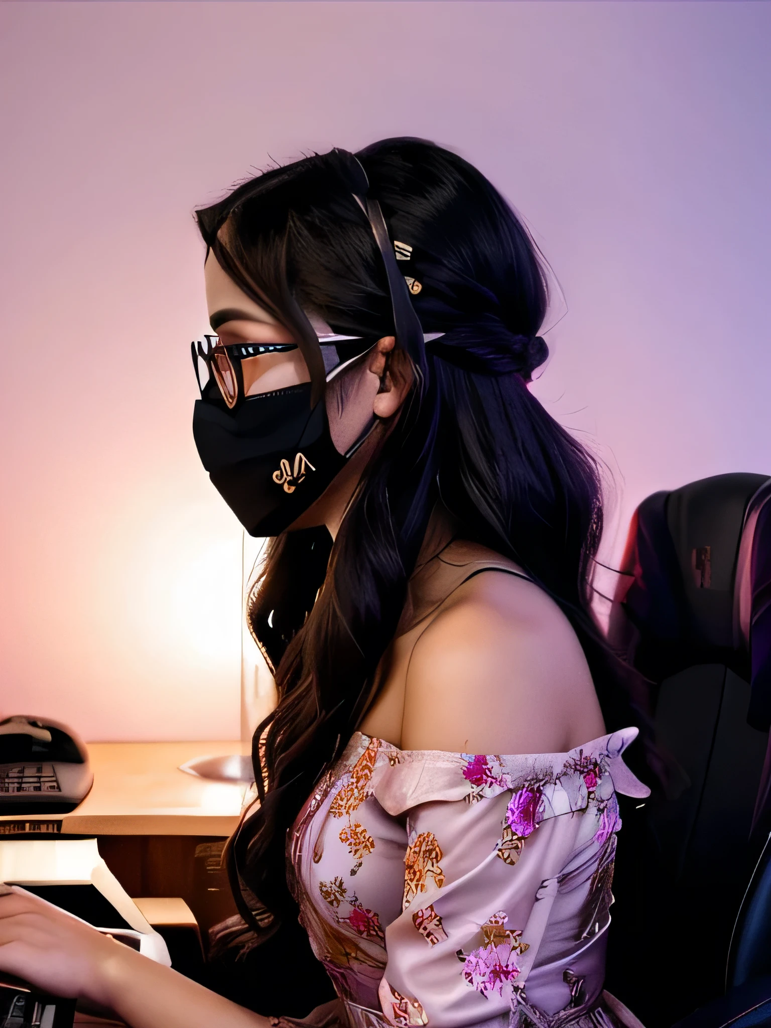 A hyper-realistic image of a young woman seated in a modern gaming chair. She has long, wavy hair cascading over her shoulders and wears glasses that reflect the dark purple light light. Her attire is a delicate floral dress adorned with pink and orange flowers, complementing her soft and elegant look. The scene is set with dark room purple 🟣 light. She is wearing a mask, emphasizing a sense of contemporary context, and is positioned in front of a high-quality microphone, suggesting she is engaged in a streaming or recording session. Side view dark room gaming