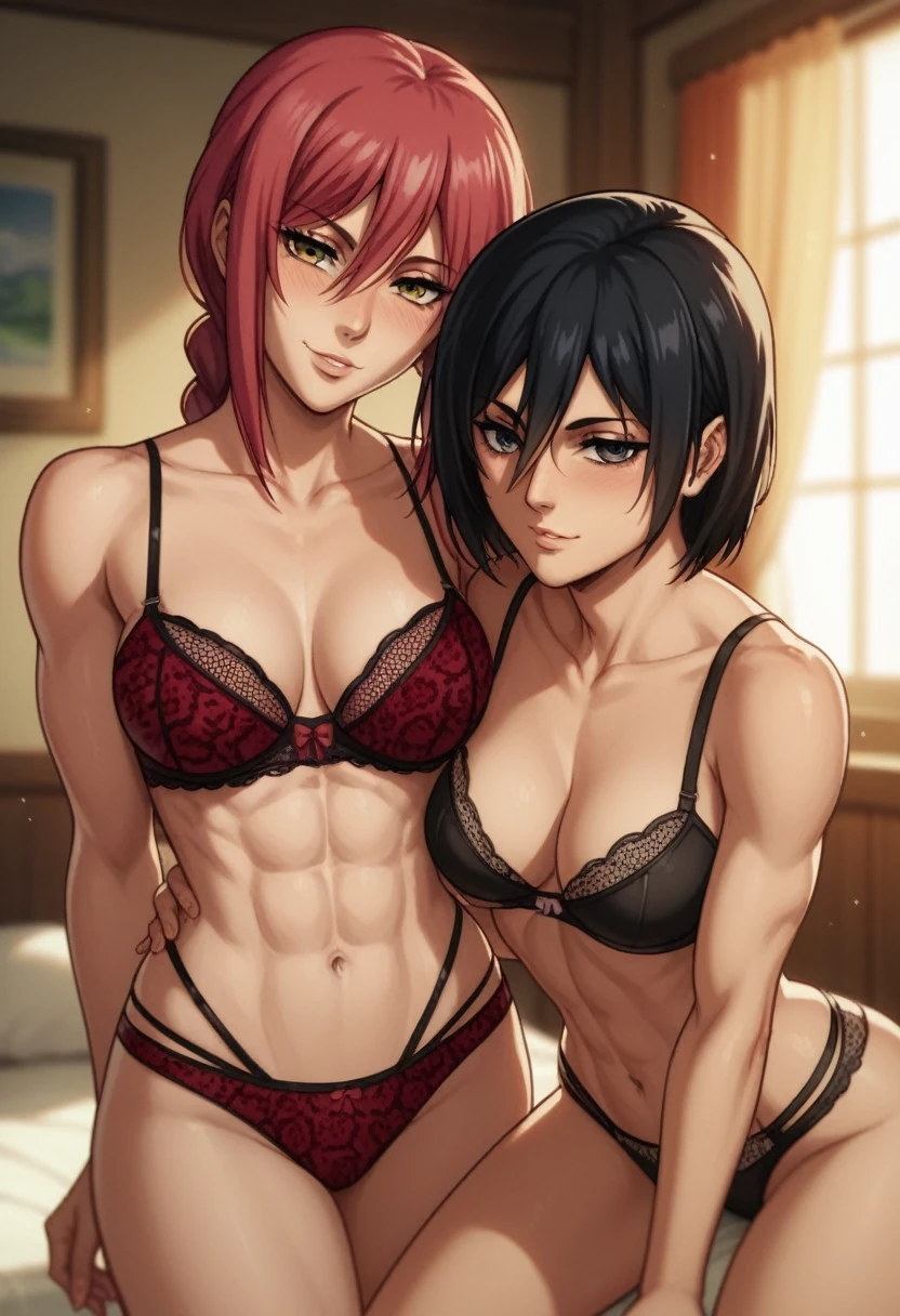 score_9, score_8_up, score_7_up, source_anime, score_9, front view, bedroom, 2girls, posing, multiple girls, wearing seductive leopard lingerie, looking at viewer, seductive, Mikasa and Makima, Mikasa, Makima, medium breasts, lewd look, naughty smile, mikasa and makima standing in seductive pose