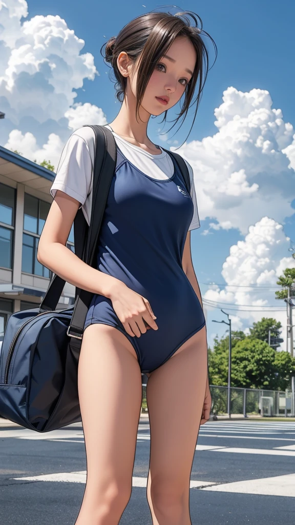 Girl Standing In Schoolyard, Cumulonimbus clouds floating in the summer sky, (Navy blue school swimsuit:1.1), On a white t-shirt, school bag, , (Very slim:1.4), Thin thighs, knees, Brown eyes, Short hair tied low