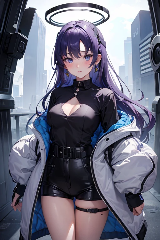 (Maximum quality, 8k, work of art, Superior image quality, Nothing, super detailing, ultra HD, (delicate and smooth skin, real looking skin, perfect and beautiful face ,perfect and cute face, high detail skin, perfect limbs)), , 1 girl , Black jacke , Black shorts , blush , clothes writing , hoop earings , jewerly , long purple hair , hypdertailed, long sleeves , looking ahead at viewer , Mechanical halo , medium breasts , gaping mouth , purples eyes , White sneakers , standing alone , visor cap , seen a little below, below the chest, yuuka (blue archive)