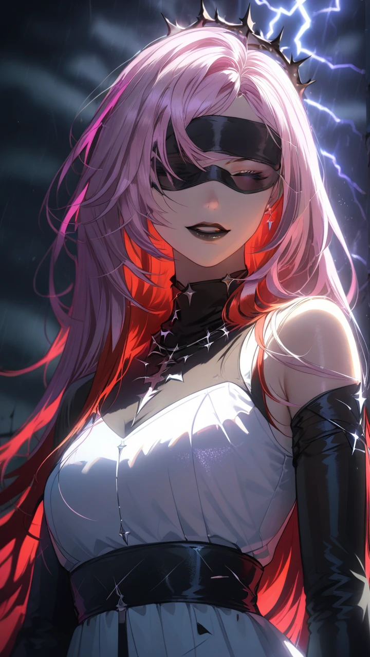 1girl, fabric blindfold:1.2, split-color hair:1.3, long hair, black lips, laugh, white dress, see-through sleeve, crown of thorns , dramatic lighting, soft shadow, masterpiece, best quality, safe, SFW, very aesthetic, recent, absurdres, highres, lightning, glowing,