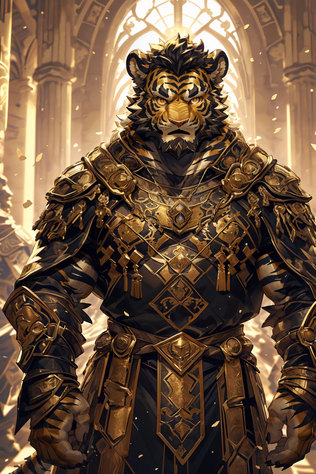 (Scarred body),(Wearing a dark black robe:1.5),king,16k high quality detailed art,(Wearing scarlet blood accessories:1),(Golden Tiger:1.1), (((White and golden fur:1.5))),(Duotone),(A pair of eyes of different colors, One eye has a golden eye,The other eye is blue:1.7),Both eyes are the same size:1.4),(Muscular body:1.3),Handsome,(OK),(Perfect face),(Exhausted:1.1),(Gold and white skin:1.3),(Whole body description:1.3),Publaz, (Golden Tiger:1.1), (((Gold and white fur:1.3))),Handsome, (OK),Express,(Background of the Royal Palace),(Cold expression:1.3),(Golden Tiger tail),不同的Express,(Perfect masterpiece),(32K),(Abdominal muscles:1.3),(((middle aged:1.4))),(36 years old),(Gold Stripes),Solitary,(Black sideburns:1.2),(black beard:1.3),(Black Chin:1.3),(Gold face pattern:1),(Very rich facial details:1.3),(Strong),(Mighty pose:1.3),Front view,(CG),(HD),(Black Hair),Full body portrait,(Detailed background:1.3),(Dark ink armor:1.3),The murderous gaze,(Pure black pupils:1.3),