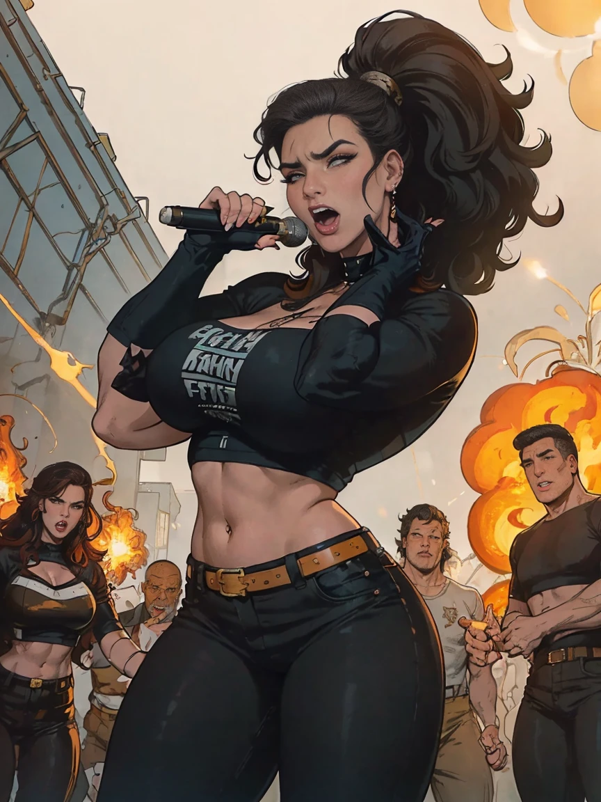 Extremely busty thin and toned brunette death metal singer, college girl, fair skin, big hair, hair pulled back, soft face, athletic, heavy makeup, piercings, black leather, studs, tight black top, boots, fingerless gloves, tight skirt, chains. standing on a stage, pyrotechnics, holding a microphone, metal concert. (microphone), angry, rage, screaming. Heavy metal. Death metal. Explosions, fire.