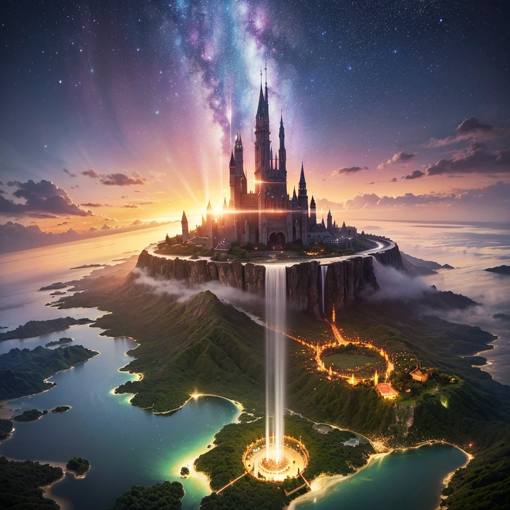 (8k, highest quality, masterpiece, final fantasy style: 1.2), (unRealistic, photoRealistic: 1.37), Dreamy landscape, Fantasy, Unsurreal landscapes, Super detailed, Flying Castle, Floating Island in the Sky, Seven-colored swirl of light, Aurora, Intense lightning, milky way, Complex Light, Colored light, Large Lake, Starry sky reflected on the lake surface, Countless shining stars, Meteors, Many meteors, Aura of, (A pillar of light emanated from the ground:1,2),heavenly rose and orchid gardens, sunset, pink clouds, waterfall in the sky