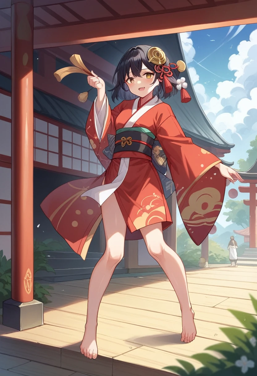 Shrine at night、Japanese wooden stage、Shrine maiden girl in the center of the stage(Long black hair、white and red knee-length kimono、I have a bell in my hand、thigh、barefoot、gold ornament on head)dancing、Ritual、high resolution、festival