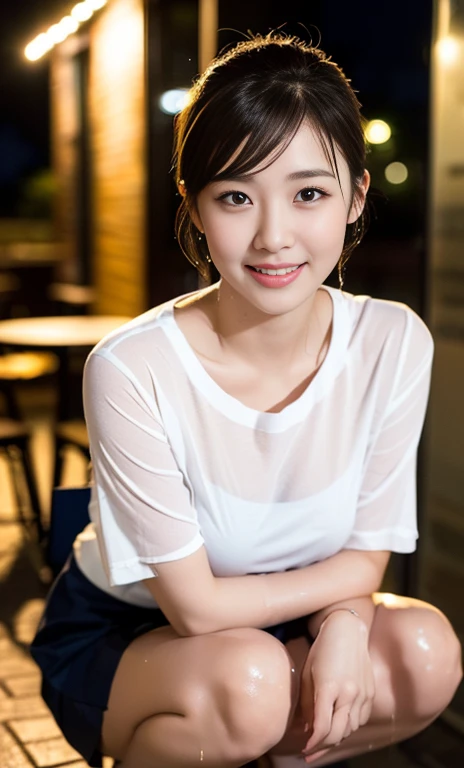 (a gorgeous lady, age 22, white T-shirt, (wet clothes:1.10) pleated mini-skirt, squatting outside a Cafe, rainy night, dimples, cute snaggle-tooth, short hair ponytail, photorealistic, beautiful detailed face, beautiful detailed eyes, ample round bosom, hyper-realism, high contrast, ultra HD, realistic skin textures, top image quality, top-quality, super high resolution, fine details, very meticulously, masterpiece, head to thigh, night bokeh background)