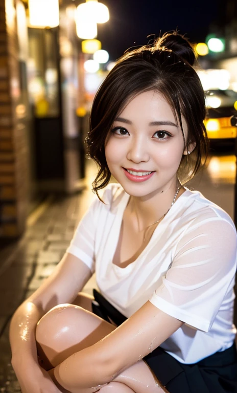 (a gorgeous lady, age 22, white T-shirt, (wet clothes:1.10) pleated mini-skirt, squatting outside a Cafe, rainy night, dimples, cute snaggle-tooth, short hair ponytail, photorealistic, beautiful detailed face, beautiful detailed eyes, ample round bosom, hyper-realism, high contrast, ultra HD, realistic skin textures, top image quality, top-quality, super high resolution, fine details, very meticulously, masterpiece, head to thigh, night bokeh background)