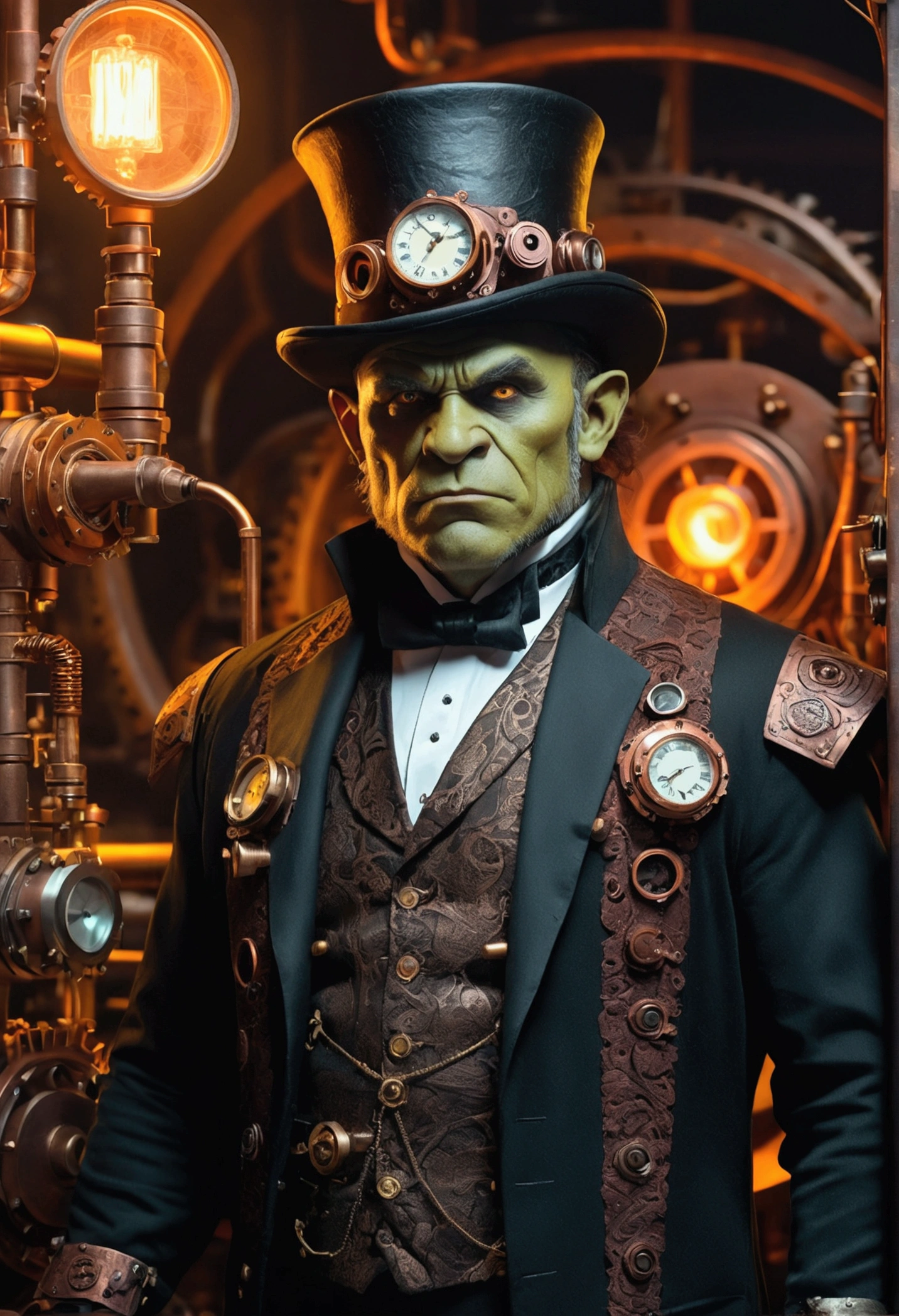 orc man in top hat, fancy dressed steampunk style inventor, detailed mechanical gears and gadgets, steam powered machinery, fantastical laboratory, intricate brass and copper details, glowing neon accents, dramatic lighting, cinematic composition, masterpiece, photorealistic, 8k, ultra-detailed