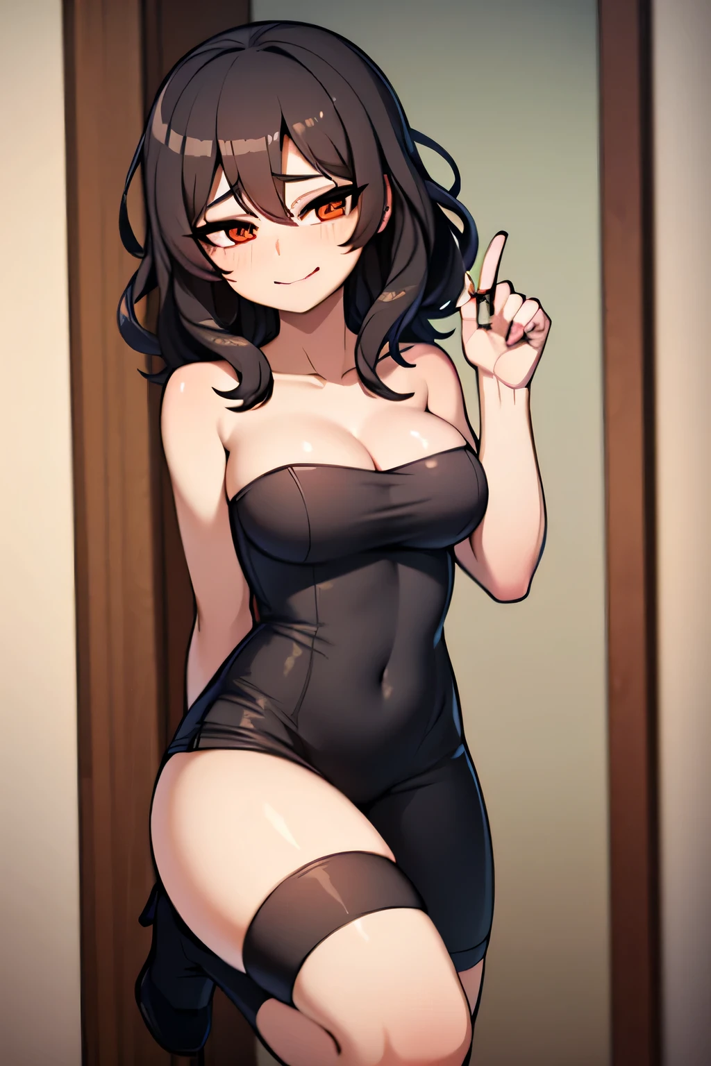 Amazing portrait of a sexy and cute woman with medium length black curly hair gazing and smiling at us seductively as she blushes hard wearing a knee-length pink short sleeved dress with black leggings underneath