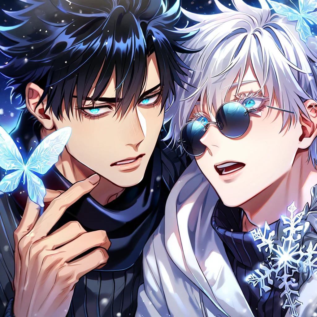 (absurdres, highres, ultra detailed, HDR) master piece, best quality, extremely detailed face, delicated features, Gojou Satoru, white hair, expressive blue eyes, white eyelashes, Jujutsu Kaisen, Wriothesley, black hair, expressive gray blue eyes, two sexy men together, yaoi, gay couple, white coat, black sweater, scarf, black round sunglasses, snowing, snow, snowflakes, ice butterflies, night sky, magical, fantasy