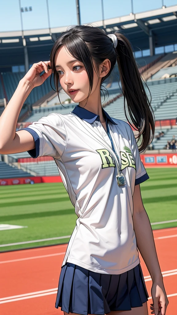Very detailed CG ユニティ 8k 壁紙, Highest quality, Very detailed, masterpiece, Realistic, photo Realistic, Very detailedかわいい女の子, (13-year-old girl, Very slim), (Wearing an athletics uniform), (Race number), smile , belly button, Half Body Shot , Athletics Stadium , (Sweat)