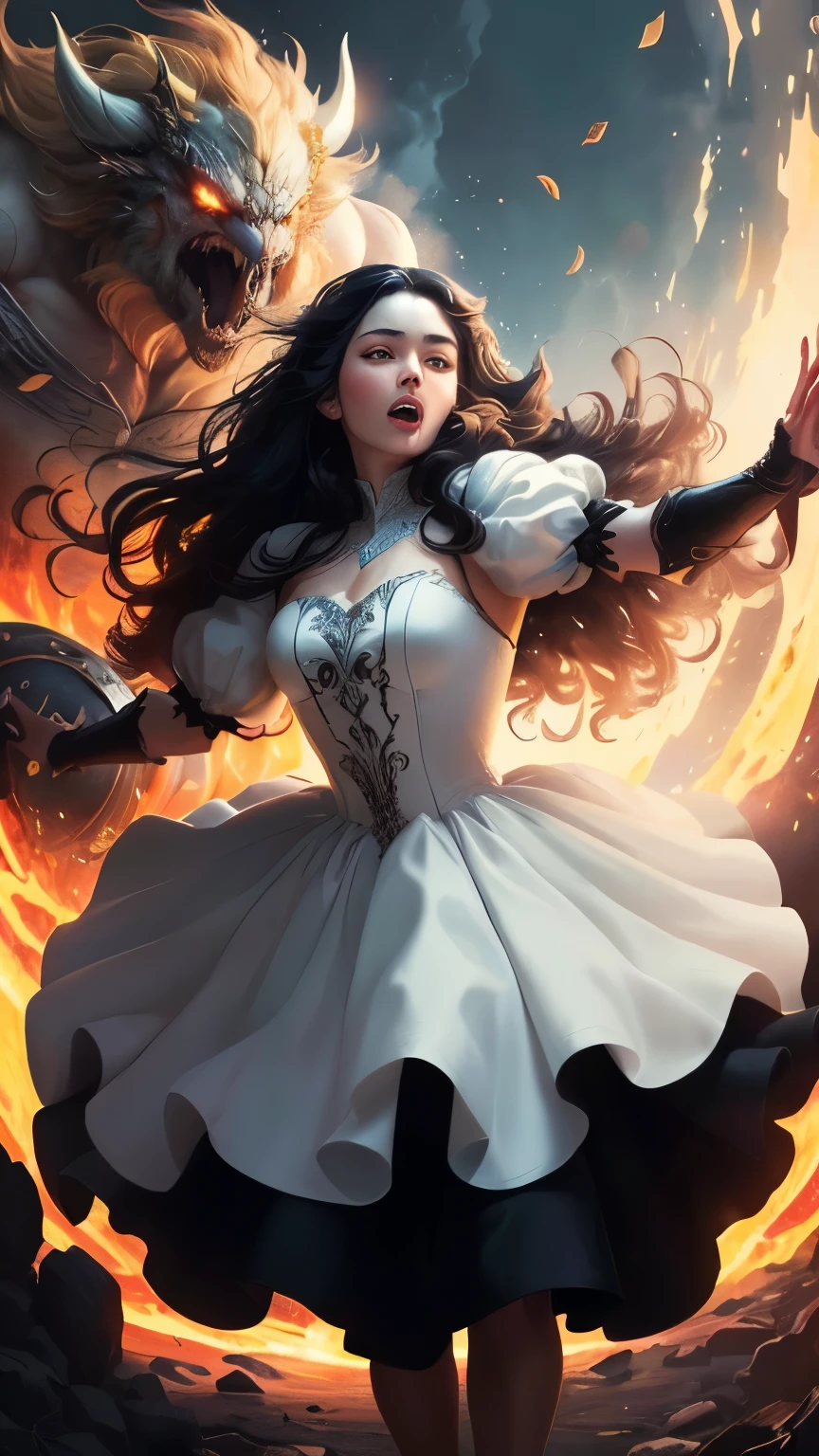 ((best quality)), ((masterpiece)), (detailed), A digital illustration of a long black haired woman wearing a full white princess dress throwing the head of a giant monster. The background is lava