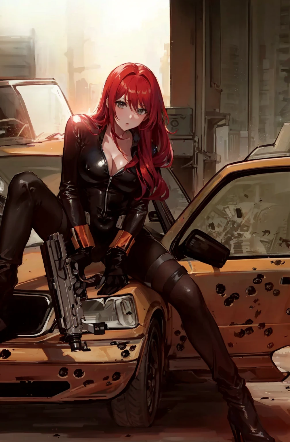 The image is an illustration of a red-haired woman dressed in a sleek skin-tight shiny black latex bodysuit with a deep-cut zipper neckline revealing a large chest, the silver zipper running down the front, sitting on the hood of a damaged yellow car, with bullet holes visible on it. The woman appears powerful and ready for action, holding a gun in both hands. The atmosphere of the scene is intense and dramatic, made even more so by the urban setting.