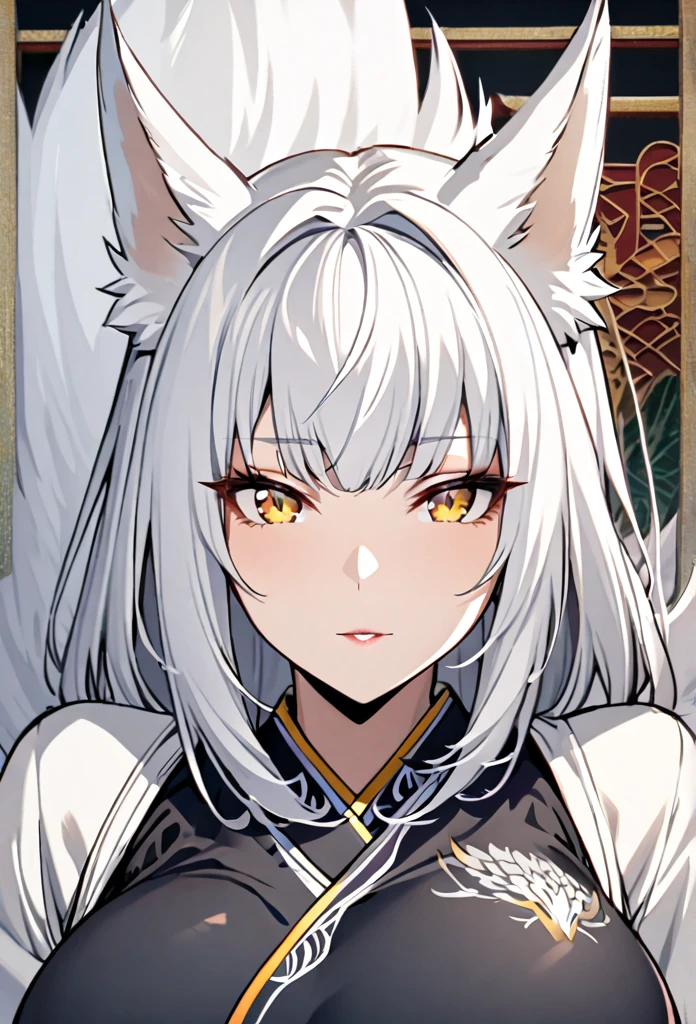 a beautiful white kitsune, detailed intricate portrait, 1girl, long white hair, slim waist, big breasts, long white tail, mature woman, Detailed yellow eyes, With a blue and black dragon style kimono