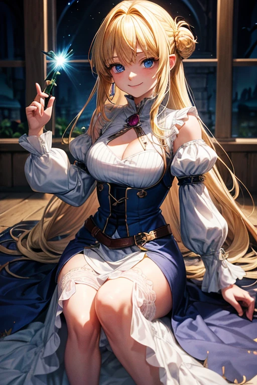 Daughter of Meliodas and Elizabeth, blonde hair, blue eyes and demonic power, smiling with a short long-sleeved dress and knight's boots.