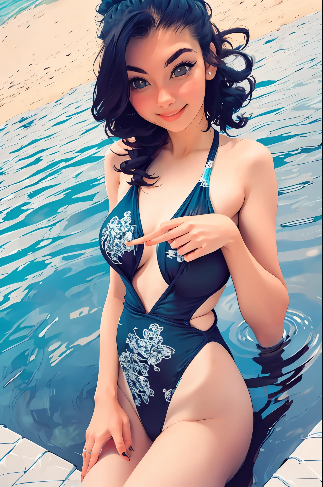 araffed woman in a polka dot swimsuit posing for a picture, a photo by Naondo Nakamura, tumblr, shin hanga, in retro swimsuit, is wearing a swimsuit, bathing suit, swimsuit, monokini, 2 4 year old female model, cute girl wearing tank suit, one piece, polkadots, white with black spots