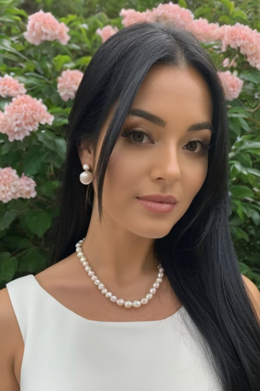 A woman with long black hair wearing a white dress with flowers pearl necklace earring 45 years old