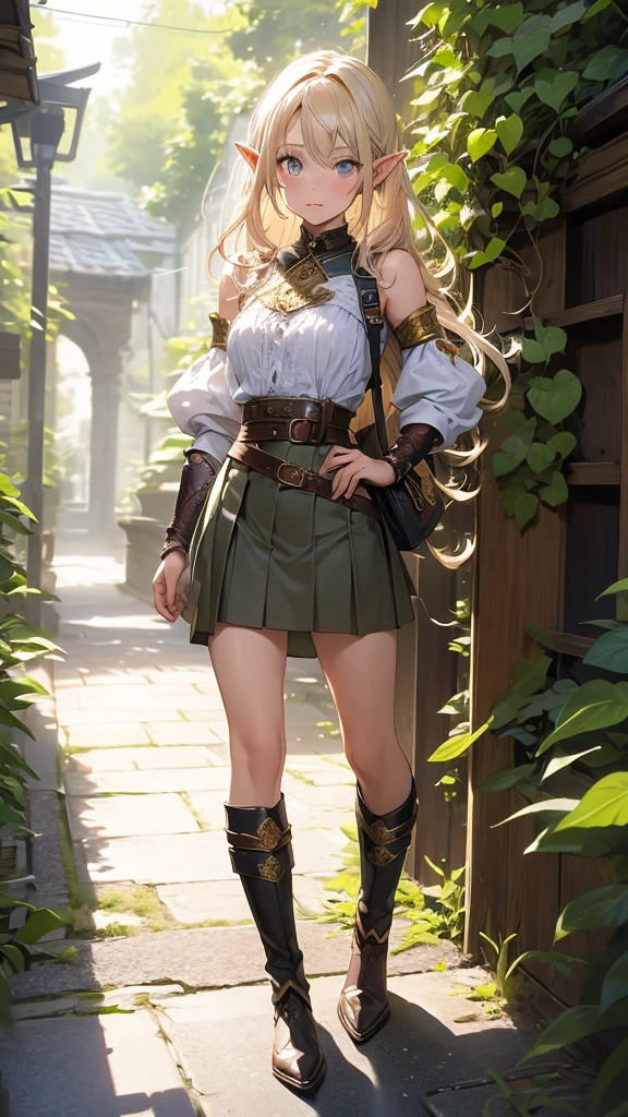 (artistry, best qualityer, ultradetailed, high resolution, 4K),(beautiful detailed eyes),(very highly detailed face),(1ガール),HDR, a beautiful 18 year old girl with the following characteristics:
body hair: Castanhos escuros, far away, comprido, cascading down to the waist, with a slight curl at the ends.
eyeballs: greens, bright and expressive.
ears: Elven, pointed and graceful, slightly visible through the hair.
vestimentas:

blouse: manga curta, elven-style, made from a light and resistant white fabric, adorned with golden embroidery that forms intricate patterns of leaves and vines.
armour: maroon de couro, with finely crafted plates, molded to fit the body, providing both protection and mobility. The armor has bronze details, with elven symbols engraved on the shoulders and chest.
Short: maroon, made from the same leather as the armor, with small side pockets and a belt with a buckle decorated with an elven emblem.
booties: highres, up to the knee, made of dark brown leather. The boots are reinforced with metal plates on the ankles and shins., and have interlaced leather side zips. A partistry superior das botas é adornada com bordados que combinam com os da blusa.