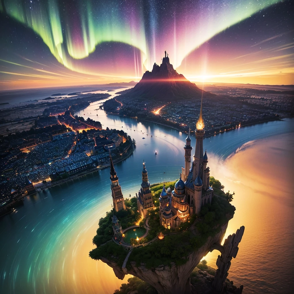 (8k, highest quality, masterpiece, final fantasy style: 1.2), (unRealistic, photoRealistic: 1.37), Dreamy landscape, Fantasy, Unsurreal landscapes, Super detailed, Flying Castle, Floating Island in the Sky, Seven-colored swirl of light, Aurora, Intense lightning, milky way, Complex Light, Colored light, Large Lake, Starry sky reflected on the lake surface, Countless shining stars, Meteors, Many meteors, Aura of, (A pillar of light emanated from the ground:1,2),heavenly rose and orchid gardens, sunset, pink clouds, waterfall in the sky