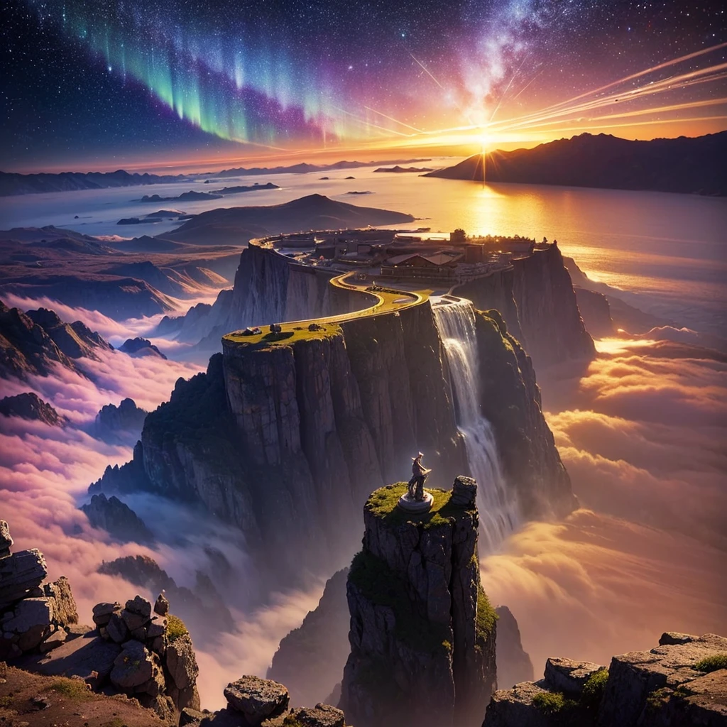 (8k, highest quality, masterpiece, final fantasy style: 1.2), (unRealistic, photoRealistic: 1.37), Dreamy landscape, Fantasy, Unsurreal landscapes, Super detailed, Flying Castle, Floating Island in the Sky, Seven-colored swirl of light, Aurora, Intense lightning, milky way, Complex Light, Colored light, Large Lake, Starry sky reflected on the lake surface, Countless shining stars, Meteors, Many meteors, Aura of, (A pillar of light emanated from the ground:1,2),heavenly rose and orchid gardens, sunset, pink clouds, waterfall in the sky