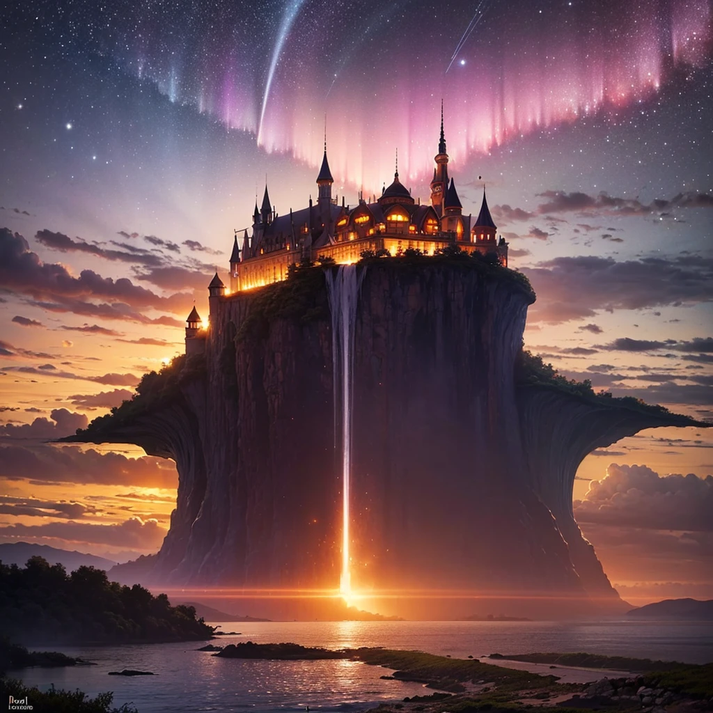 (8k, highest quality, masterpiece, final fantasy style: 1.2), (unRealistic, photoRealistic: 1.37), Dreamy landscape, Fantasy, Unsurreal landscapes, Super detailed, Flying Castle, Floating Island in the Sky, Seven-colored swirl of light, Aurora, Intense lightning, milky way, Complex Light, Colored light, Large Lake, Starry sky reflected on the lake surface, Countless shining stars, Meteors, Many meteors, Aura of, (A pillar of light emanated from the ground:1,2),heavenly rose and orchid gardens, sunset, pink clouds, waterfall in the sky