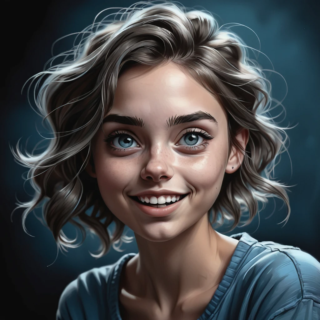 detailed monochrome photo, Inspiring portrait drawing, young woman, bit cheeky, dark background, low soft blue colors, 