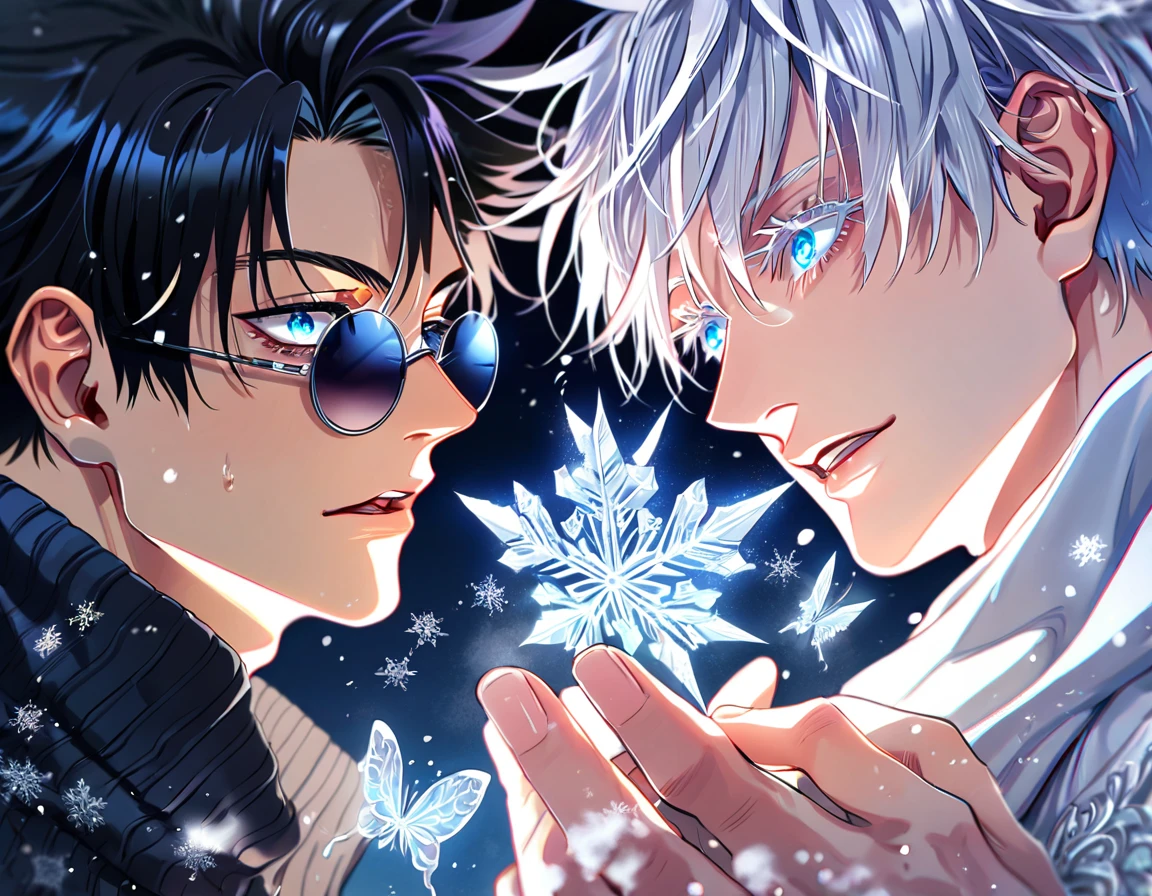 (absurdres, highres, ultra detailed, HDR) master piece, best quality, extremely detailed face, delicated features, Gojou Satoru, white hair, expressive blue eyes, white eyelashes, Jujutsu Kaisen, Wriothesley, black hair, expressive gray blue eyes, two sexy men together, yaoi, gay couple, white coat, black sweater, scarf, black round sunglasses, snowing, snow, snowflakes, ice butterflies, night sky, magical, fantasy