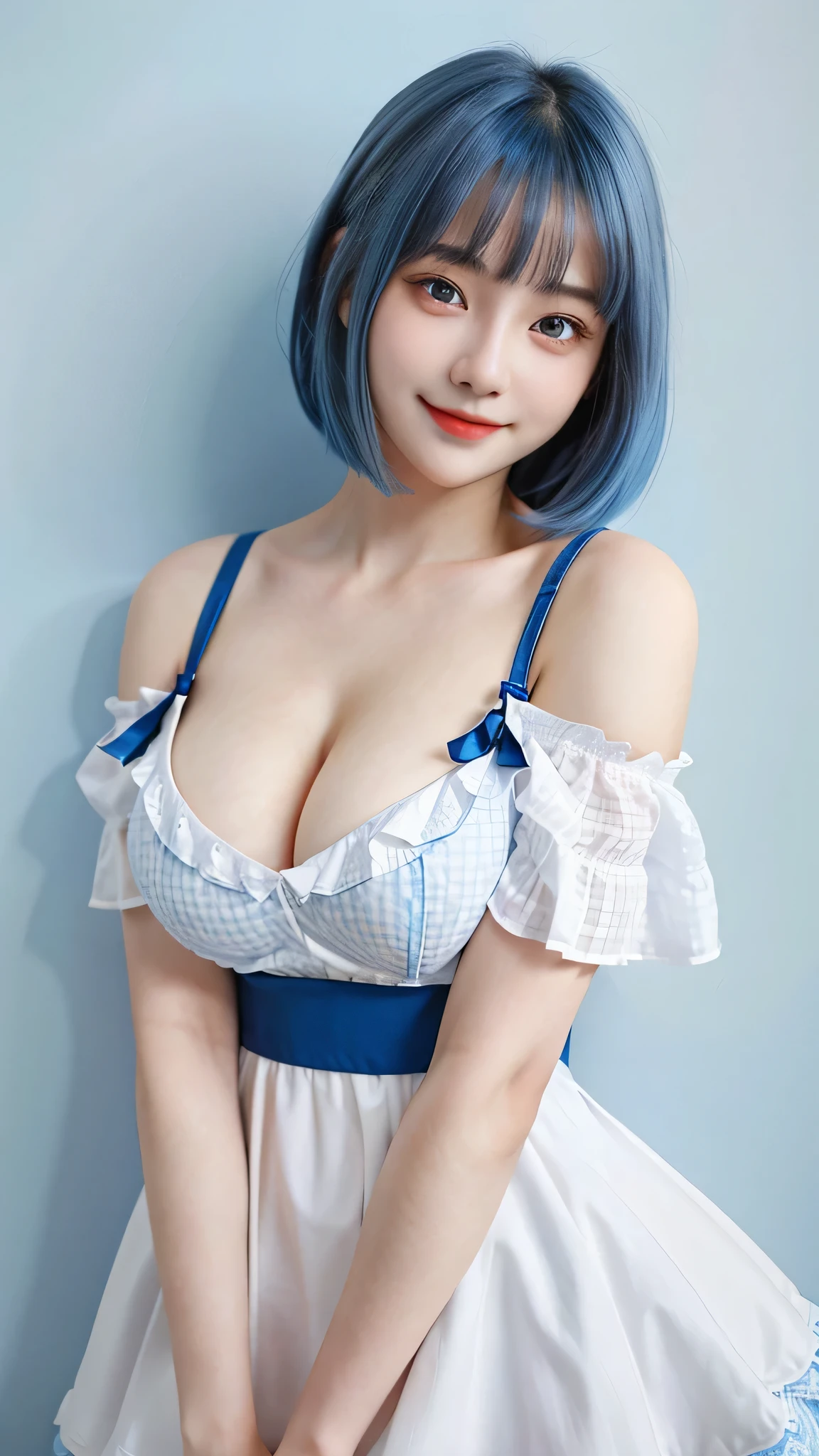 Gorgeus Girl, Beautiful, Baby Face, 20 Years Old, White Skin, Colossal Breasts, Side Pose, ((Cleavage)), White Classy Checkered Dress, Blue Eye, Muscles, Bokeh, Masterpiece, Medium Bob Blue Hair, simple blue wall, off-shoulder, cute smile