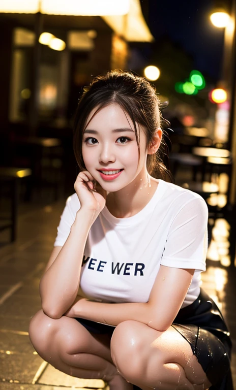 (a gorgeous lady, age 22, white T-shirt, (wet clothes:1.10) pleated mini-skirt, squatting outside a Cafe, rainy night, dimples, cute snaggle-tooth, ponytail, photorealistic, beautiful detailed face, beautiful detailed eyes, ample round bosom, hyper-realism, high contrast, ultra HD, realistic skin textures, top image quality, top-quality, super high resolution, fine details, very meticulously, masterpiece, head to thigh, night bokeh background)