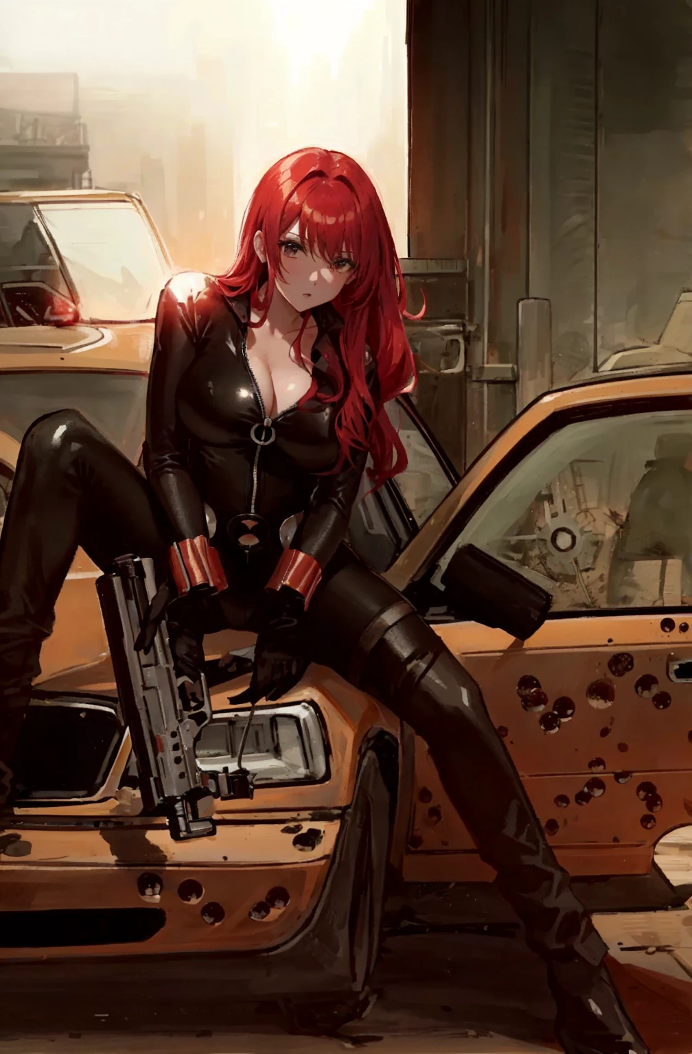 The image is an illustration of a red-haired woman dressed in a sleek skin-tight shiny black latex bodysuit with a deep-cut zipper neckline revealing a large chest, the silver zipper running down the front, sitting on the hood of a damaged yellow car, with bullet holes visible on it. The woman appears powerful and ready for action, holding a gun in both hands. The atmosphere of the scene is intense and dramatic, made even more so by the urban setting.