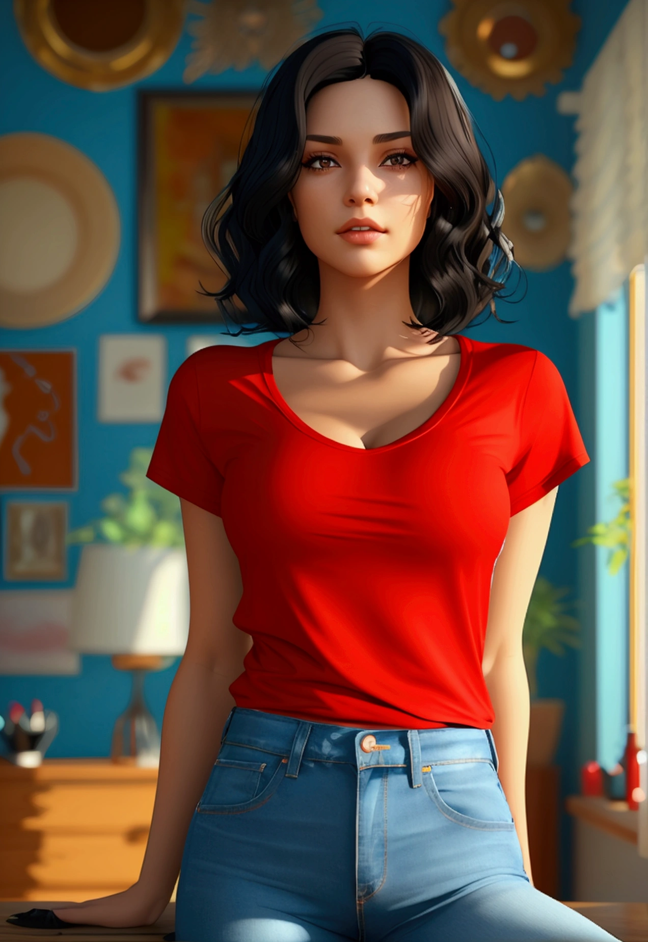 1girl wearing a red t-shirt and blue jeans, solo, (average height), (black wavy hair), ((medium hairstyle)), ((brown eyes)), (big breasts), (medium ass), masterpiece, best quality, highly detail, home 3d room