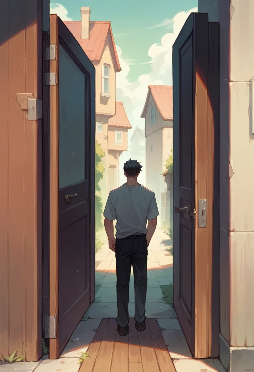 A dark-haired man in black underwear is standing next to a door, his back is turned, looking behind him.