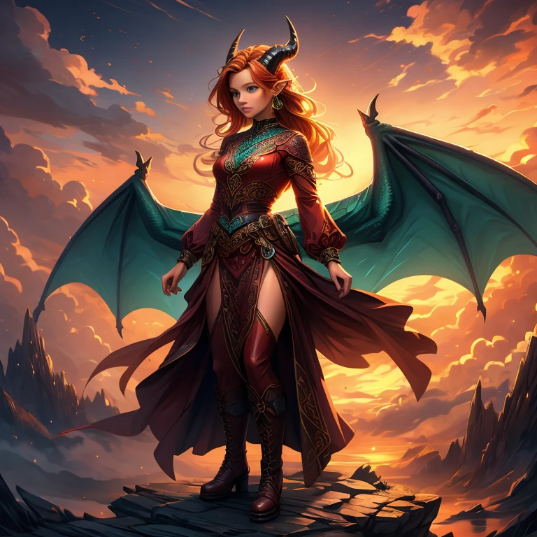 Masterpiece, best quality, anime style art, fantasy style art, beautiful Celtic dragon girl, young adult European girl, mature young woman, tall character, 5 feet 11 inches tall, long wavy bright orange hair, bright teal eyes, realistic and sparkling teal eyes looking at viewer, shapely body, skinny body, healthy body, orange scaly skin, highly detailed scales, covered in orange scales, purple and red warrior outfit, ornate red clothes, fancy purple patterns and symbols, 2 red dress coattails hanging down her sides, high brown leather boots, long draping red sleeves, 2 large orange dragon wings, wings on both sides, orange dragon horns, standing on top of a mountain, at the mountain peak, sunset, brilliant cloudy sky, sunset lighting up the clouds, high quality digital art, 2k, professional illustration