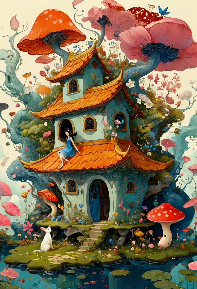 There is a painting,There is a fairy house in the painting,There are many animals in the house, Affable , Wenjun Lin, A beautiful artistic illustration, Shin Jin Hye Art, author:Toth Wu, Full color illustrations, James Jean Andre Ryabovich, Jean Sebastien Ross, Daniel Merriam :.1, bloom. alta fantasia, Magical surrealism, Super Fine